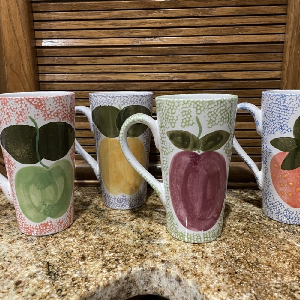 Set of 4 Gabbay Pottery Tall Coffee-Teacups/ Mugs Fruit 6 1/8” Tall UNIQUE